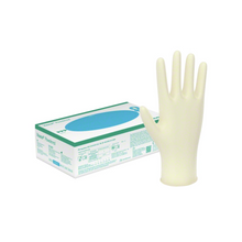 Next to a single glove is a box of B. Braun Vasco® powder examination gloves. The box features blue and green lettering as well as various product details. The cream-colored glove has a smooth texture, highlighting its quality and comfort for examination purposes.