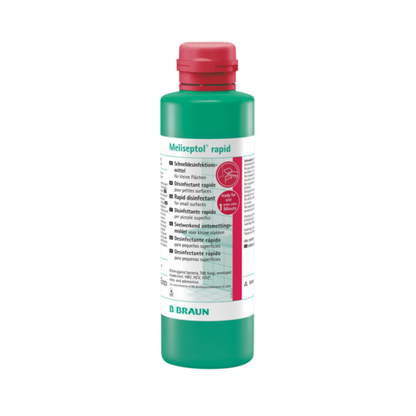 Green bottle B. Braun Meliseptol® rapid quick disinfection with a red cap. The label contains text in multiple languages and features a central, round red logo highlighting its effectiveness for surface cleaning. The brand name B. Braun Deutschland GmbH & Co. KG is elegantly displayed in blue letters at the bottom.
