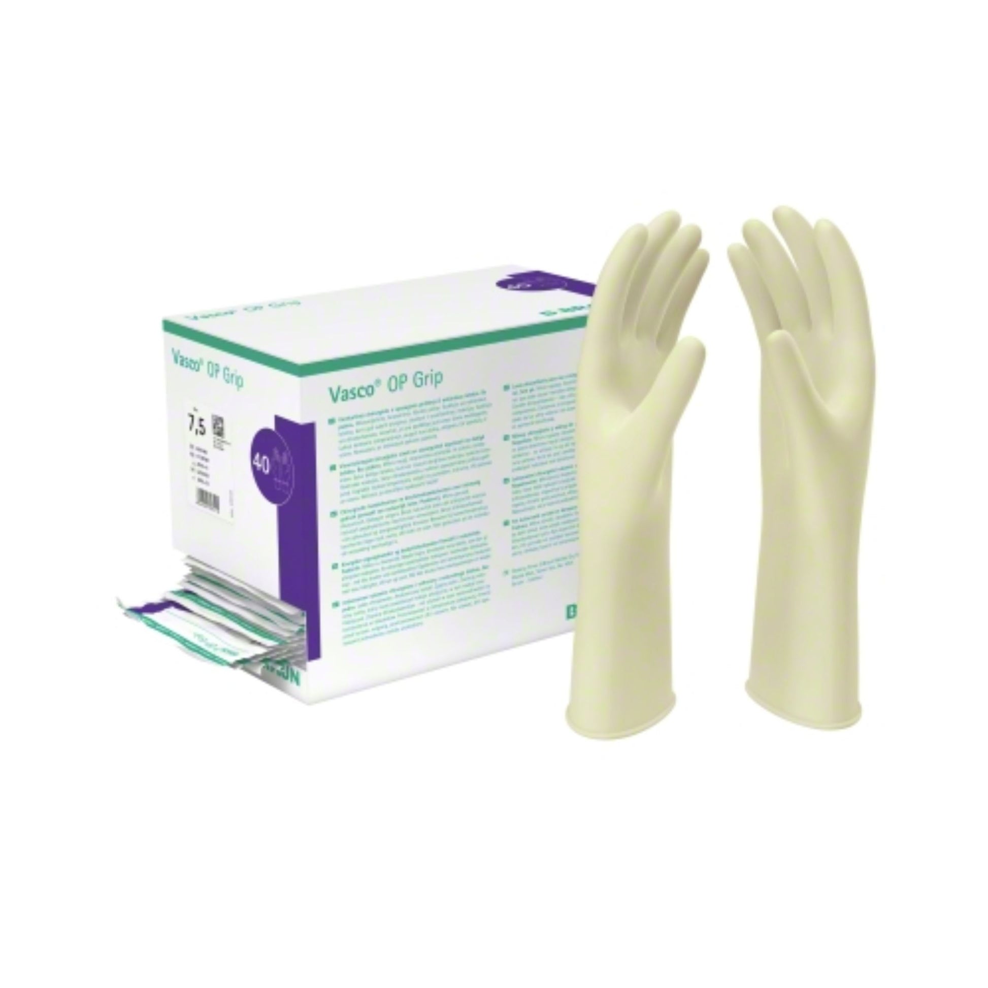 Karton mit sterilen, puderfreien Latexhandschuhen B. Braun Vasco® OP Grip mit violetter und grüner Beschriftung; zwei stehen aufrecht neben dem geöffneten Karton und geben den Blick frei auf einzeln verpackte Handschuhe aus hochwertigem Naturkautschuklatex für eine zuverlässige Passform. Marke: B. Braun Deutschland GmbH & Co. KG.