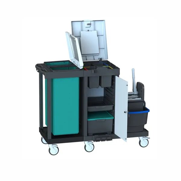The Arcora Bora Medical 550 Service Cart Complete from Arcora International GmbH is a black and blue-green cleaning cart with compartments, shelves, containers, mop holder, and wheels - shown here with open doors/lids for storage in medical cleaning areas.