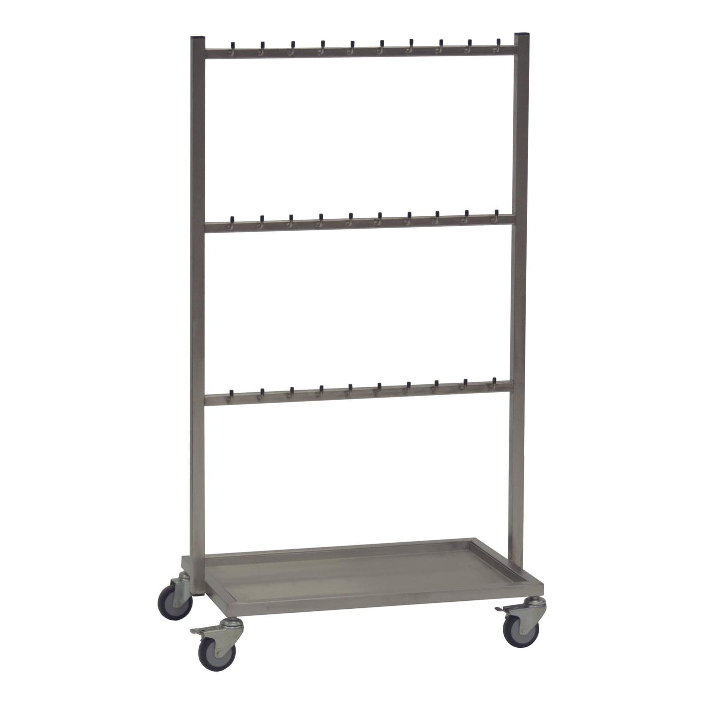 The Novocal stainless steel abdominal towel cart offers 3 crossbars with 10 hooks each, four wheels, and a stainless steel base tray - ideal for organization in hospital facilities or as a medical cart.