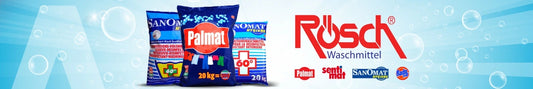 Werbebanner für Rösch Waschmittel. Links im Bild sind drei große Waschmittelbeutel der Marke „Palmat“ bzw. „Sanomat“ abgebildet, jeweils mit Angaben wie „20 kg“ und Waschtemperatur „60 °“. Rechts im Bild steht groß das rote Logo „Rösch Waschmittel“. Unten sind die Markenlogos „Palmat“, „SentoMat“, „Sanomat“ und „Rösch Clean“ zu sehen. Der Hintergrund ist hellblau mit stilisierten Wasserblasen.