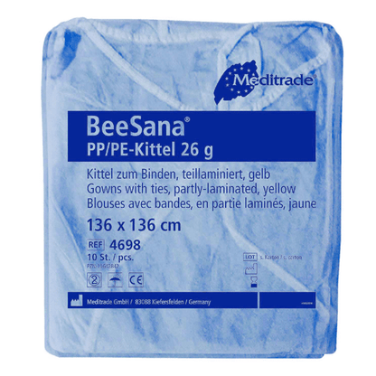 A blue packaged Meditrade BeeSana® PP/PE gown 26g, 10-pack, labeled with text indicating product details such as material, color, size, and packaging quantity. This gown is designed for protection.