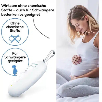 A pregnant woman sits on a couch, stretches her arms over her belly, and looks at it with a gentle smile. To her left is an image of the insect bite healer BR 10 from Beurer GmbH, with German text indicating that it is effective without chemicals and safe for pregnant women.