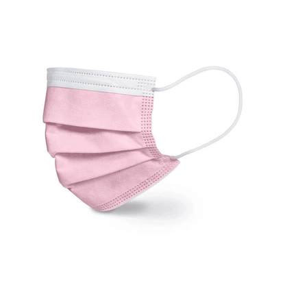The Beurer surgical masks in pink MM 15 (20 pieces, Beurer GmbH) are 3-layer, CE-certified mouth-nose masks with white ear loops and high bacterial filtration efficiency, shown against a white background.