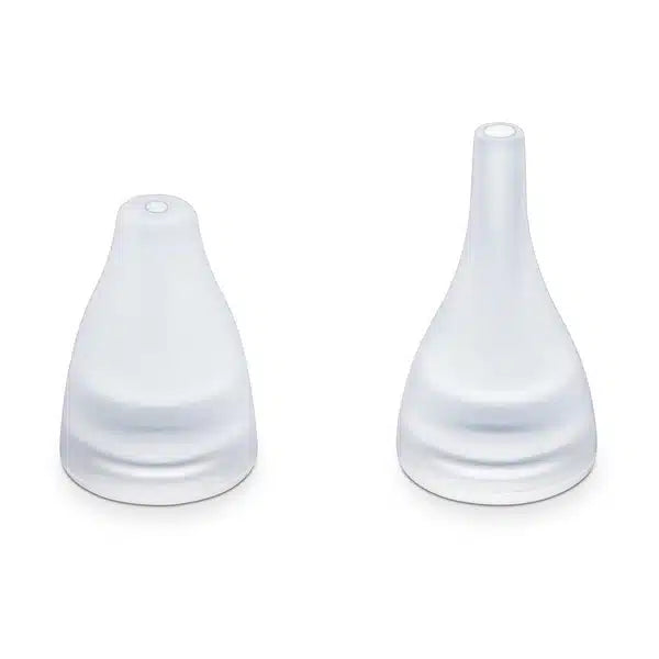 Two silicone menstrual cups from Beurer GmbH in different sizes, depicted on a white background. Each cup has a rounded base and a conical tip with silicone attachments for handling.