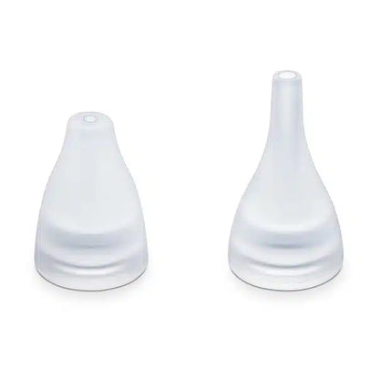 Two silicone menstrual cups from Beurer GmbH in different sizes, depicted on a white background. Each cup has a rounded base and a conical tip with silicone attachments for handling.