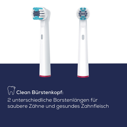 On a white and dark blue background, two electric toothbrush heads are depicted with German text. The text reads: "Clean brush head: 2 different bristle lengths for clean teeth and healthy gums." Suitable for rotary toothbrushes from the Beurer brush head Clean for TB 30/ TB 50 of the Beurer GmbH range.