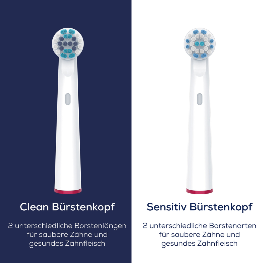 A split image shows two electric toothbrush heads against differently colored backgrounds. The left side with the inscription "Beurer brush head Clean for TB 30/ TB 50" has a blue background. The right side with the inscription "Sensitive brush head" has a white background. The text in German describes both Beurer brush head models and their protective cap for rotary toothbrushes.