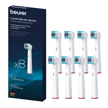 Image of the Beurer GmbH brush head Clean for TB 30/TB 50 packaging and eight individual replacement brush heads. The navy blue packaging with white text shows compatibility with TB 30/TB 50 rotary toothbrushes. Contains eight clean brush heads with colored rings and protective caps.