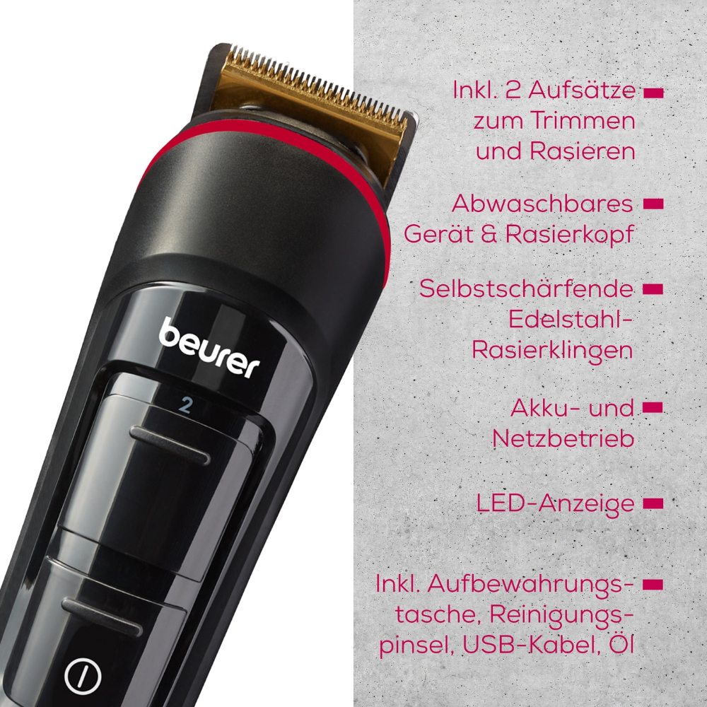 A close-up of the Beurer beard trimmer MN4X (1 piece) from Beurer GmbH is shown. German features listed are accessories, washable design, sharp blades, battery/mains operation, LED display, and included parts.
