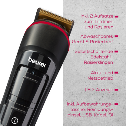 A close-up of the Beurer beard trimmer MN4X (1 piece) from Beurer GmbH is shown. German features listed are accessories, washable design, sharp blades, battery/mains operation, LED display, and included parts.
