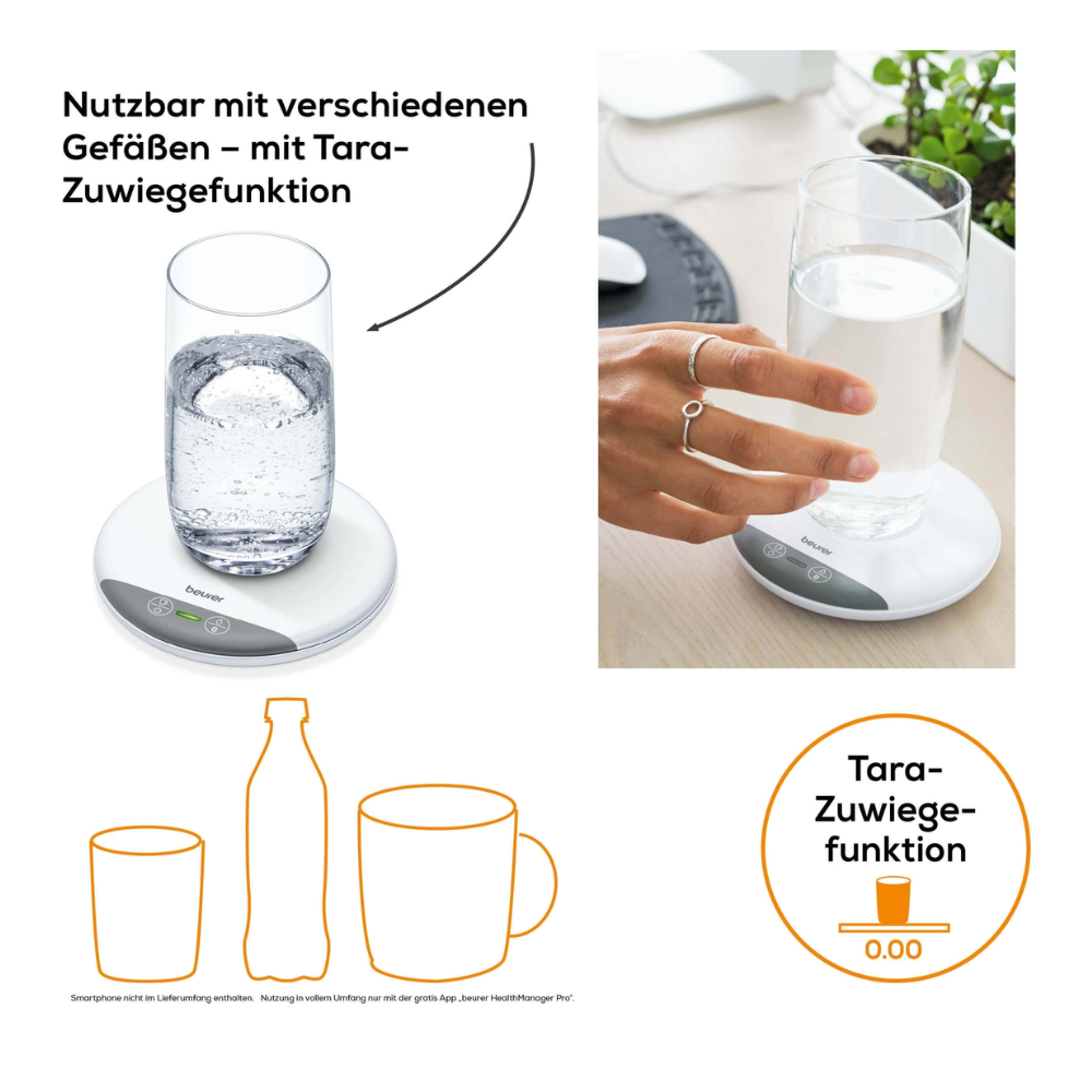 A digital kitchen scale Beurer DM 20 Drink Manager by Beurer GmbH, showing 0.00, with a hand holding a glass of water on it. The text “Usable with various containers – with tare weighing function” appears next to images of a glass, a bottle, and a cup, demonstrating the scale's tare function for precise measurements.