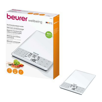 Image of a Beurer DS 61 nutritional analysis scale | Package (1 piece) by Beurer GmbH with the product packaging showing the scale and its features. The packaging is mainly white and orange, with text in several languages. This elegant digital diet scale displays numbers on a small screen.