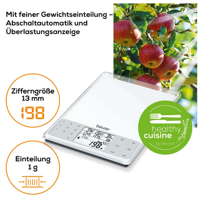 A digital kitchen scale from Beurer GmbH, specifically the Beurer DS 61 nutritional analysis scale | Package (1 piece), is seen against a background of ripe tomatoes on the vine. Features include precise weight measurement, automatic shut-off, overload indicator, 13 mm large digit display, and 1-g increments. The Beurer logo and the 'Healthy Cuisine' emblem are visible.