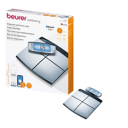 Image of the Beurer diagnostic scale BF 105 BodyComplete by Beurer GmbH in elegant silver and black. The scale is shown both as a single product and in its retail packaging, highlighting Bluetooth transmission and displaying a digital reading of 62.4 kg on the screen.