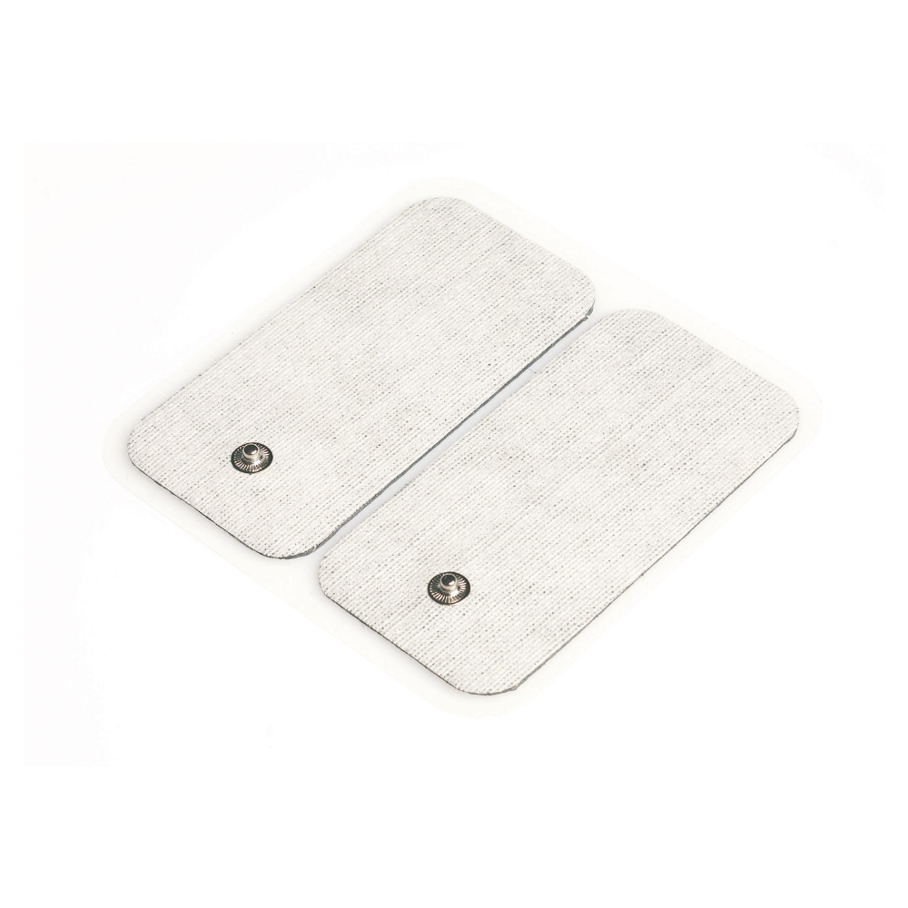 In the picture, two rectangular electrode pads are shown, which are compatible with the digital TENS/EMS devices EM 40, EM 41, EM 41.1, EM 49, and EM 80 of Beurer GmbH. The light gray pads are made of a fabric-like material and are equipped with snap connections. They are depicted side by side on a white background and are sold in a pack of 4 under the name "Beurer Electrodes large".