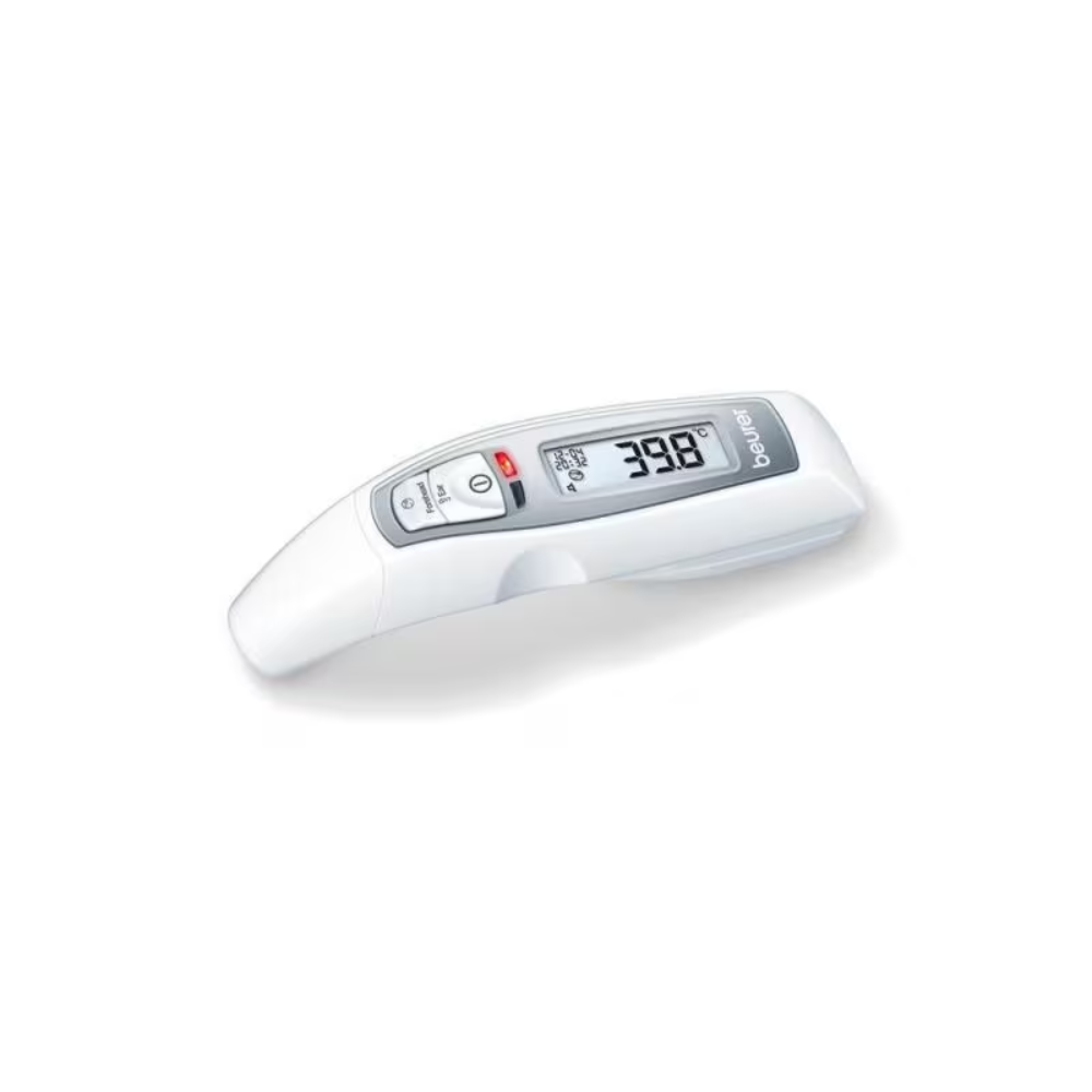 Ein weißes Beurer FT 65 Multifunktionsthermometer kontaktlos von Beurer GmbH mit rechteckigem Display zeigt einen Messwert von 39,8 Grad Celsius an. Es verfügt über Bedientasten unter dem Display und bietet eine sekundenschnelle Messung für schnelle Ergebnisse, was es zu einer effizienten und zuverlässigen Wahl macht.