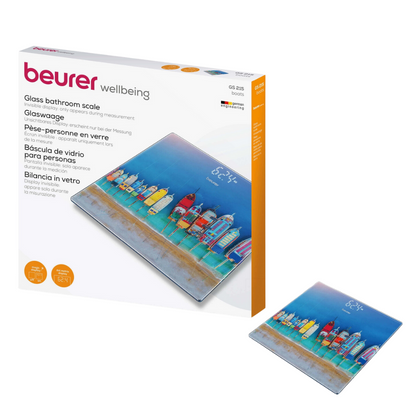 Taispeánann an pictiúr an Beurer GS 215 Scála Gloine den Beurer GmbH sa phacáistiú agus mar scála aonair. Taispeánann an scála léaráid ildaite de theachanna trá agus teach solais chomh maith le Taispeántas Draíocht le haghaidh feiceálacht níos fearr. Soláthraíonn an pacáistiú leis an inscríbhinn “Beurer GS 215 Scála Gloine | Pacáiste (1 phíosa)” faisnéis faoi tháirge i dteangacha éagsúla.