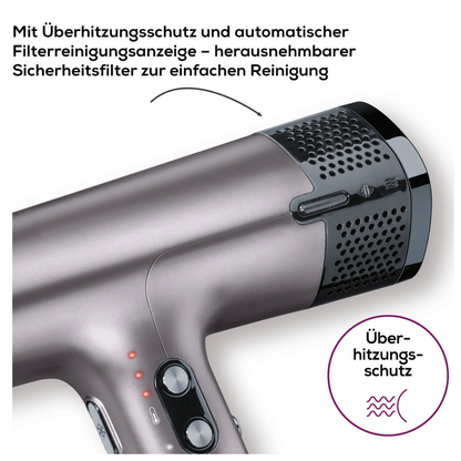 Der graue Beurer GmbH Auslaufartikel: HC 100 High Speed Haartrockner Excellence verfügt über Tasten, einen herausnehmbaren, leicht zu reinigenden Sicherheitsfilter, Lüftungslöcher, Überhitzungsschutz, Ionenfunktion für glattes Haar und eine Filterreinigungsanzeige.