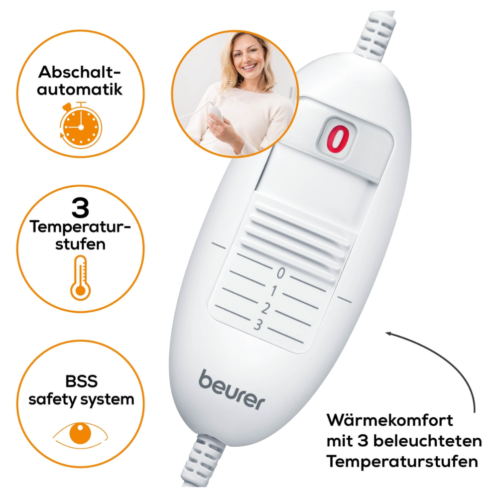 An image of the Beurer HK 45 heating pad Cosy controller from Beurer GmbH with labeled functions in German. It highlights the automatic shut-off, 3 temperature settings, and a BSS safety system. In the top left, a smiling woman is visible. The controller features a dial and an indicator light and meets the OEKO-TEX® Standard 100 for quality assurance.