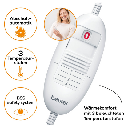 An image of the Beurer HK 45 heating pad Cosy controller from Beurer GmbH with labeled functions in German. It highlights the automatic shut-off, 3 temperature settings, and a BSS safety system. In the top left, a smiling woman is visible. The controller features a dial and an indicator light and meets the OEKO-TEX® Standard 100 for quality assurance.