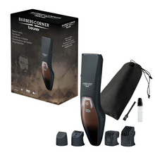 Illustration of the Beurer HR 4000 Beard Styler Set from "Barber's Corner" by Beurer GmbH. Includes the beard trimmer, four different trimmer attachments, a cleaning brush, oil, a storage bag with drawstring, and the packaging box with an illustration of the trimmer with a stainless steel blade and trademark.