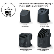 The Beurer HR 4000 Beard Styler from Beurer GmbH features four interchangeable hair cutting attachments, ideal for any beard trimmer. These include a narrow contour blade, a short comb attachment for 1-12 mm, a long comb attachment for 15-27 mm, and a comb attachment for contouring. The packaging (1 piece) also contains a German text.