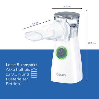 The Beurer IH 57 inhaler with vibrating membrane technology from Beurer GmbH, available in white with dimensions of 4.6 cm width, 7.8 cm depth, and 10.8 cm height, features the innovative vibrating membrane technology. It has a power button and a green indicator light. The German text highlights that it is quiet and compact and has a battery life of up to 3.5 hours.