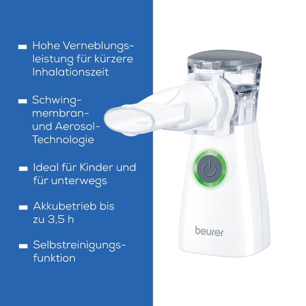 The Beurer IH 57 inhaler with vibrating membrane technology from Beurer GmbH is characterized by high nebulization performance, vibrating membrane technology, and aerosol technology, making it ideal for children and on the go. It runs on battery power for up to 3.5 hours and features a self-cleaning function.