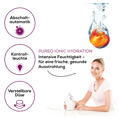 Fógraíocht i nGearmáinis don 'Ionic Facial Sauna FC 72 Pureo Ionic Hydration | Pacáiste (1 Píosa)' ó Beurer GmbH, le bean ag úsáid sauna aghaidh. Cuimsíonn an branda siombailí do mhodh múchta uathoibríoch, solas táscaire agus nozzle inchoigeartaithe chomh maith le téacs a leagann béim ar thaise dian le haghaidh craiceann úr, sláintiúil trí theicneolaíocht ian ghlanadh domhain.