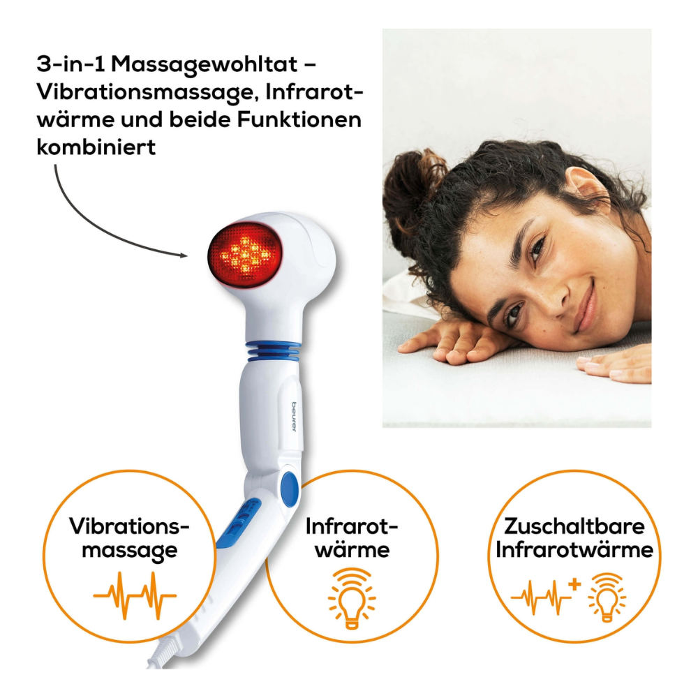 A woman lies with her head resting on a surface and smiles peacefully. Next to her is an image of a white-blue Beurer MG 40 infrared massage device from Beurer GmbH with a red illuminated head. The German text explains its functions: vibration massage and infrared heat, which can be combined to relieve muscle tension.