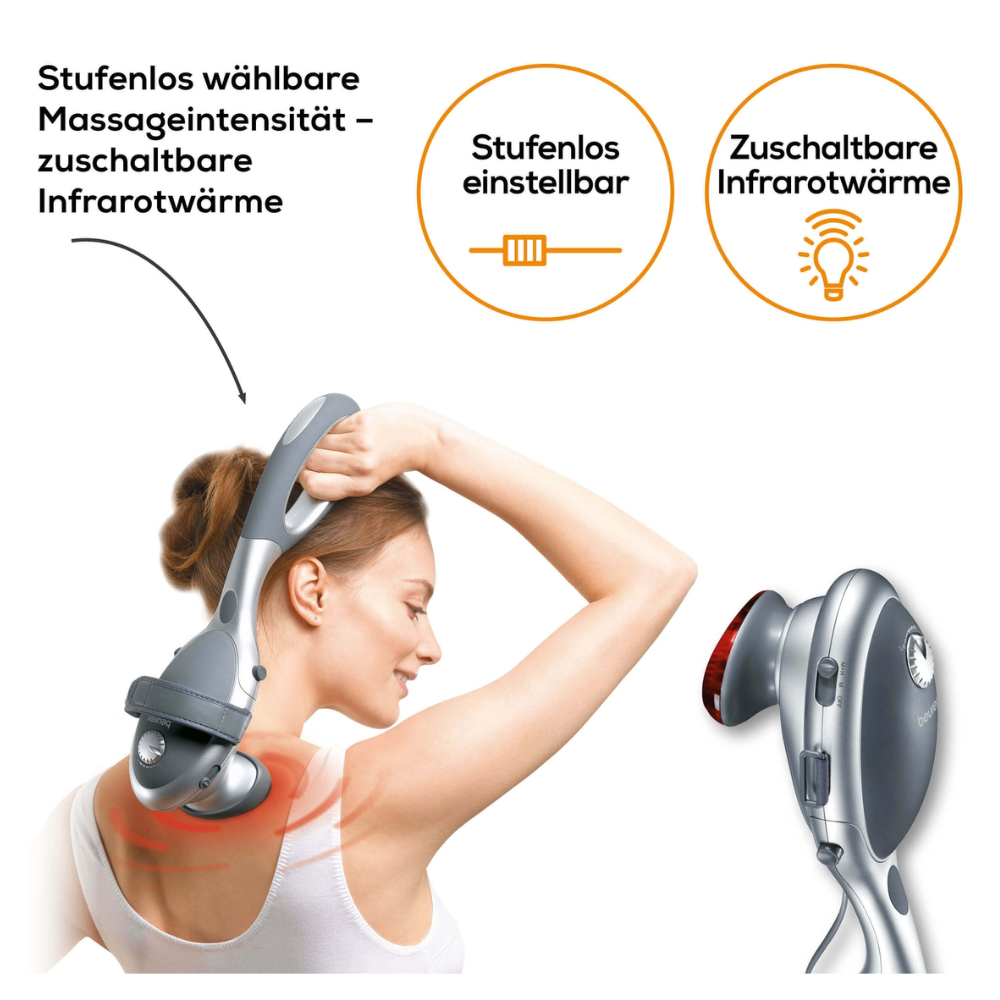 Tá duine ag úsáid an gléas suathaireachta infridhearg Beurer MG 70 ar a ghualainn. Míníonn an téacs déine suathaireachta cnagála inchoigeartaithe agus an teas infridhearg roghnach de tháirge na Beurer GmbH. Seasann dhá shiombail do leibhéil inchoigeartaithe agus teas infridhearg. Léiríonn pictiúr eile seat gar den gléas suathaireachta infridhearg le téacs i nGearmáinis.
