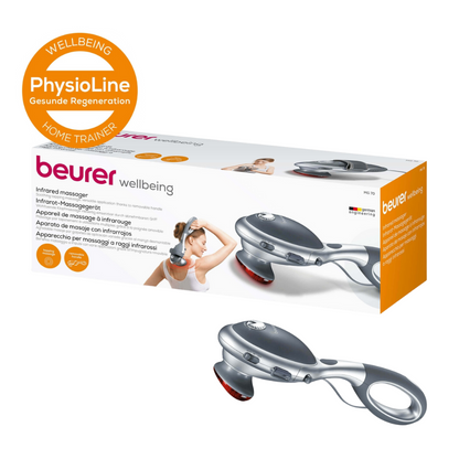 Taispeánann an pictiúr gléas suathaireachta infridhearg Beurer MG 70 | Pacáiste (1 phíosa) ó Beurer GmbH. Cuireann an pacáistiú béim ar a ghnéithe i dteangacha éagsúla. Tá láimhseáil inbhainte agus nóid infridhearg ag an ngléas féin don theiripe suathaireachta cnagála. Chomh maith leis sin, tá lógó PhysioLine le feiceáil.