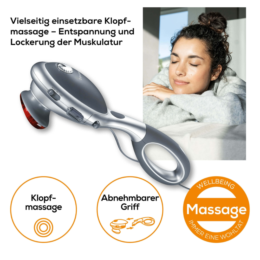 Ar chlé tá gléas suathaireachta infridhearg Beurer MG 70 le láimhseáil inbhainte. Ar dheis tá bean ina luí le súile dúnta agus aghaidh ag miongháire ar lámha fillte. Tá an téacs i nGearmáinis agus cuireann sé béim ar bhuntáistí mar scíthe matán agus ilúsáid.