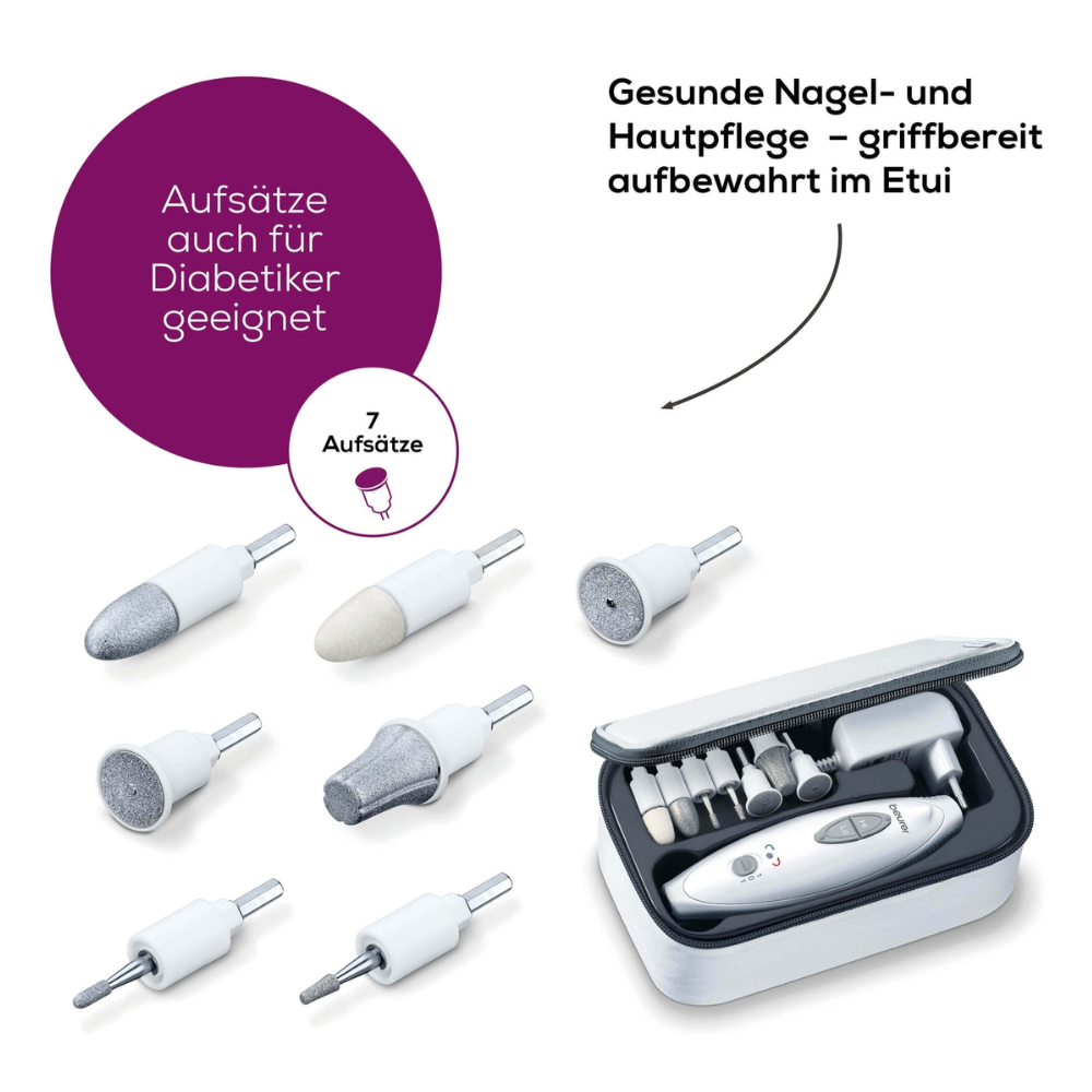 The image shows the Beurer MP 41 manicure/pedicure set from Beurer GmbH, which consists of a main device with LED light and seven interchangeable attachments. The set, suitable for diabetics, is neatly packaged in a storage case. The German text emphasizes its suitability for diabetic care and the practicality of the storage case.