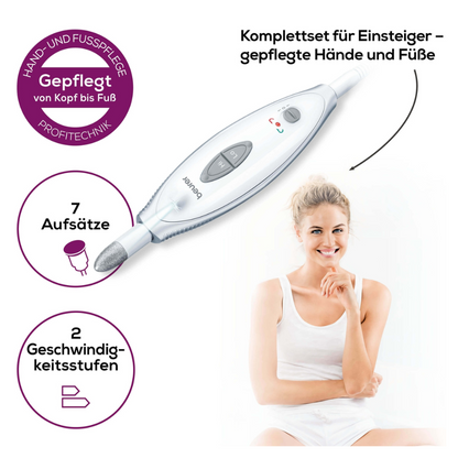 Image of a promotional campaign for the Beurer MP 41 manicure/pedicure set from Beurer GmbH. The set includes 7 attachments, has 2 speed settings, and features an LED light. The text on the image reads “Complete set for beginners – well-groomed hands and feet”, which means “Complete set for beginners – well-groomed hands and feet”.