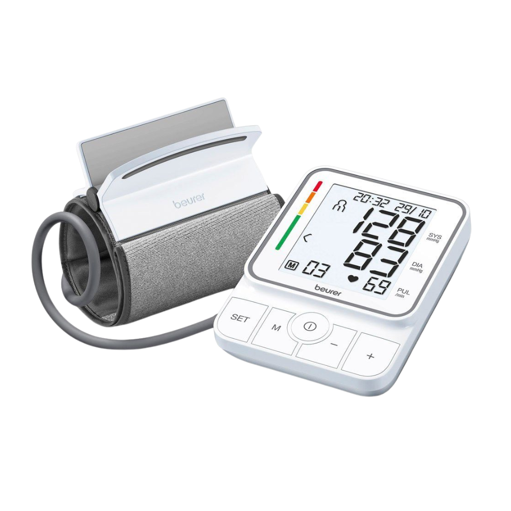 The Beurer GmbH discontinued item: Upper arm blood pressure monitor BM 51 easyClip features a gray easyClip cuff, a white display for blood pressure, time, date, multiple buttons, and a color-coded indicator.