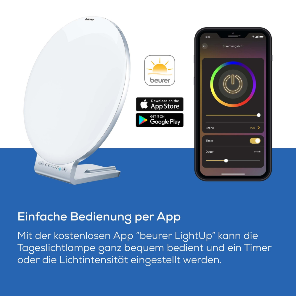 Tá an Beurer lampa lae TL 100 (míre caite) de chuid Beurer GmbH i mBán le 10,000 Lux in aice le fón cliste leis an aip LightUp, atá comhoiriúnach le lógónna App Store le haghaidh iOS agus Android; aibhsíonn téacs Gearmánach an rialú bunaithe ar aip.