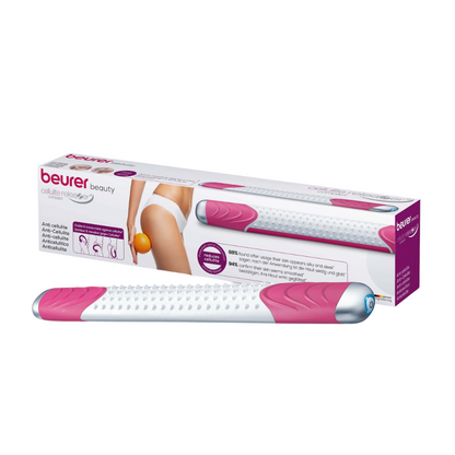 Íomhá den Beurer cellulite releaZer® compact, gléas suathaireachta cellulite i bándearg agus bán. Tá dromchla rolla struchtúrtha ag an gléas suathaireachta cellulite dlúth ón Beurer GmbH agus tagann sé i bpacáistiú le híomhánna a léiríonn an úsáid ar chúl na pluide mná. Tá téacs agus siombailí ar an bpacáistiú a aibhsíonn gnéithe agus buntáistí an táirge, lena n-áirítear an suathaireacht chreathadh.