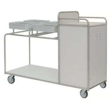The Novocal station wagon features a robust, fully welded stainless steel frame with round tube connections, four wheels, a flat lower shelf, three upper compartments, a closed cabinet at one end, and a plain white surface.