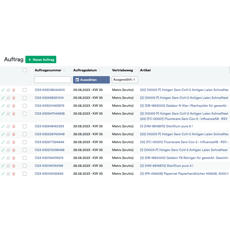 A screenshot of the Altruan computer interface displaying a list of orders in tabular form. Each entry shows order number, date, sales channel, and item description with symbols for additional settings and actions.