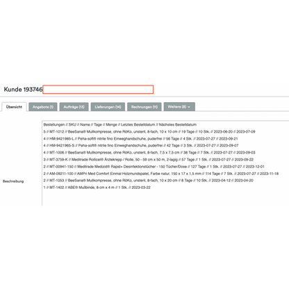 A screenshot showing an Altruan ClientView Orders interface with various tabs such as "Overview," "Offers," and more. At the top, the customer number 193746 is highlighted. The following section shows the Weclapp customer overview by purchased products.
