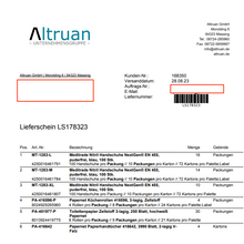 An image of a delivery note from 'Altruan' with details such as the sender's address, invoice number, and a detailed list of shipped products, including quantities and packaging types.