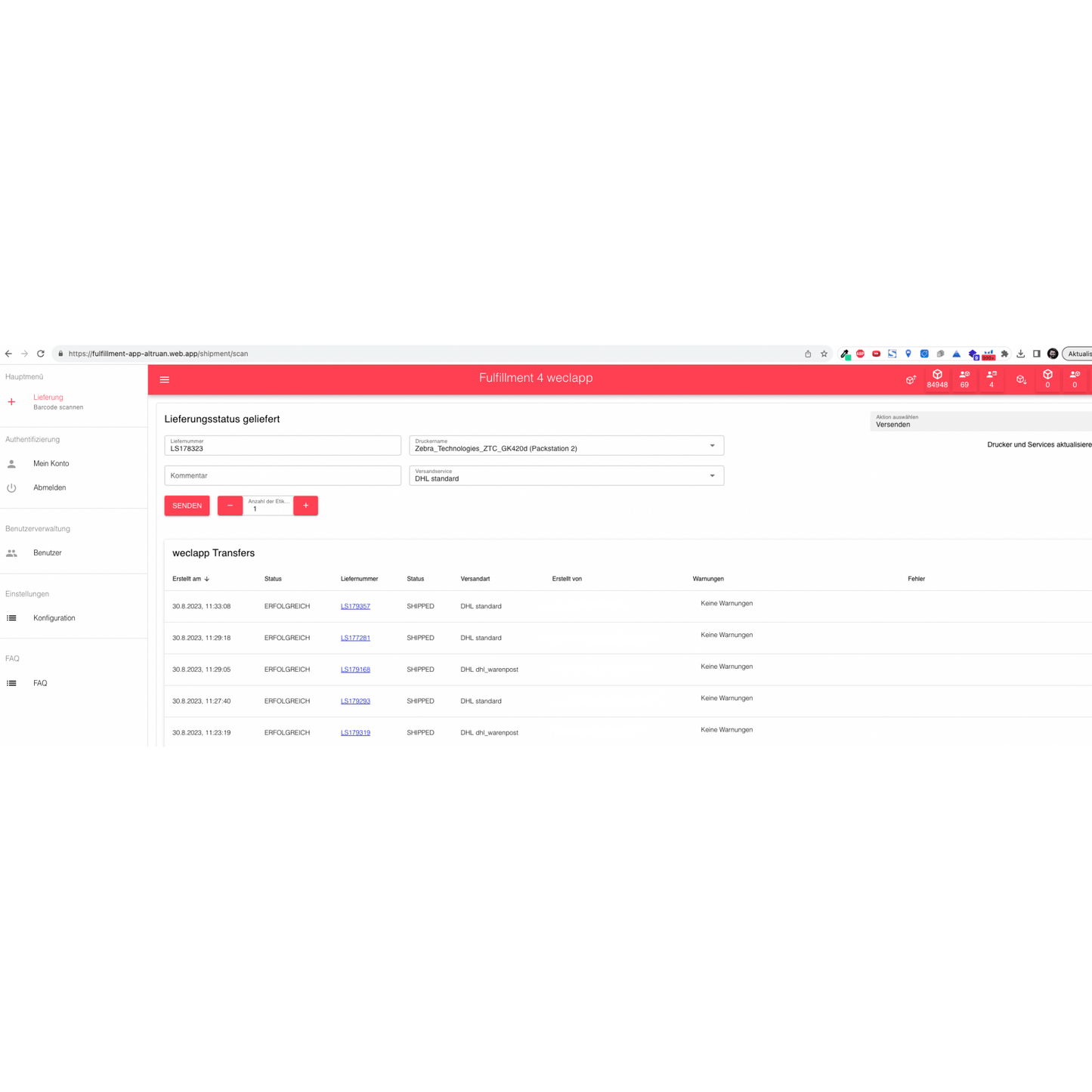 Screenshot of the Altruan PackMaster App interface for fulfillment management with tabs like 'Planning', 'Shipping Label Creation', and others, as well as a section for entering order details such as order number, etc.