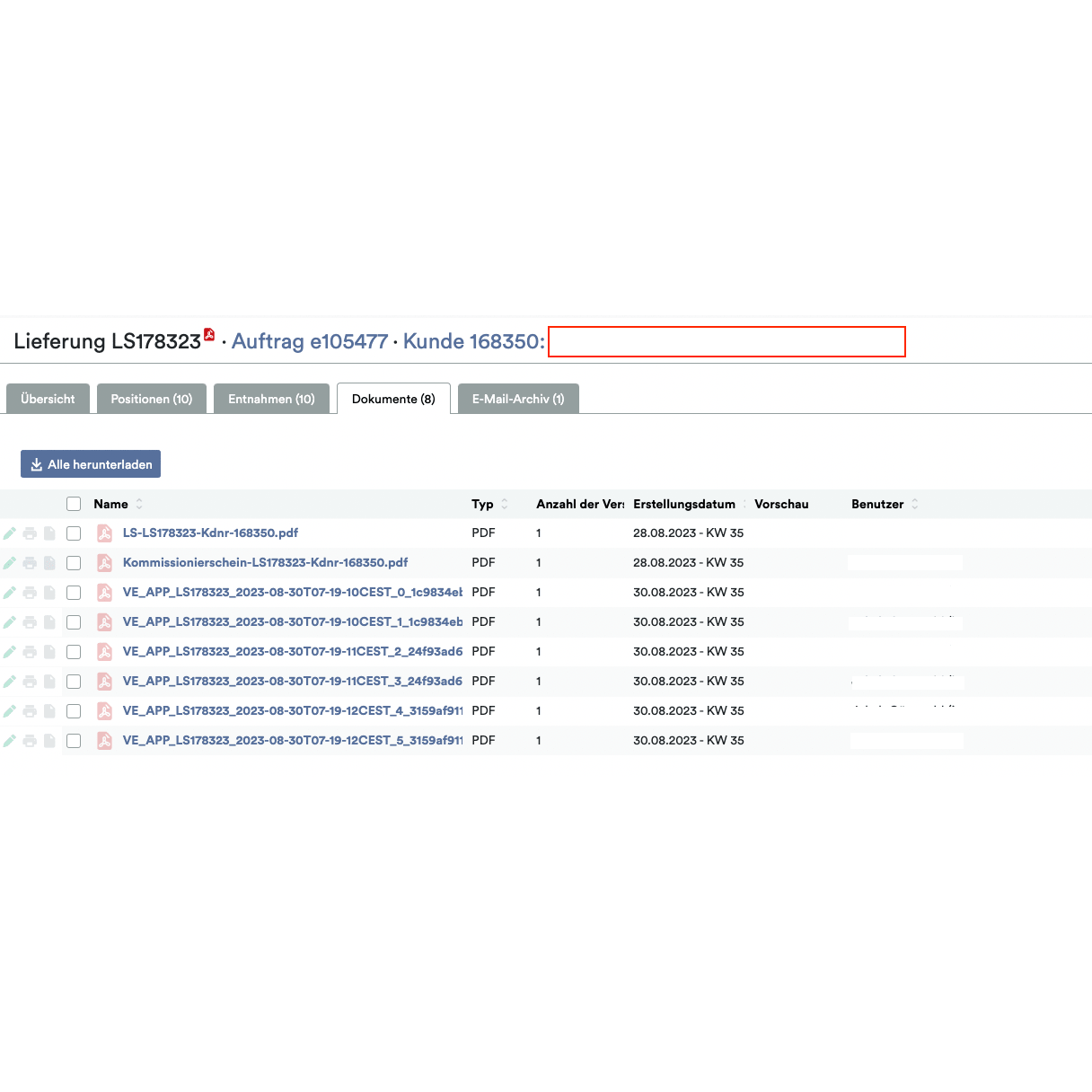 A screenshot of the Weclapp Logistics Packing App showing a digital document system with a list of PDF files, each assigned specific metadata such as type, number of pages, creation date, and hidden user information.