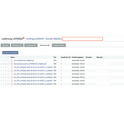 A screenshot of the Weclapp Logistics Packing App showing a digital document system with a list of PDF files, each assigned specific metadata such as type, number of pages, creation date, and hidden user information.