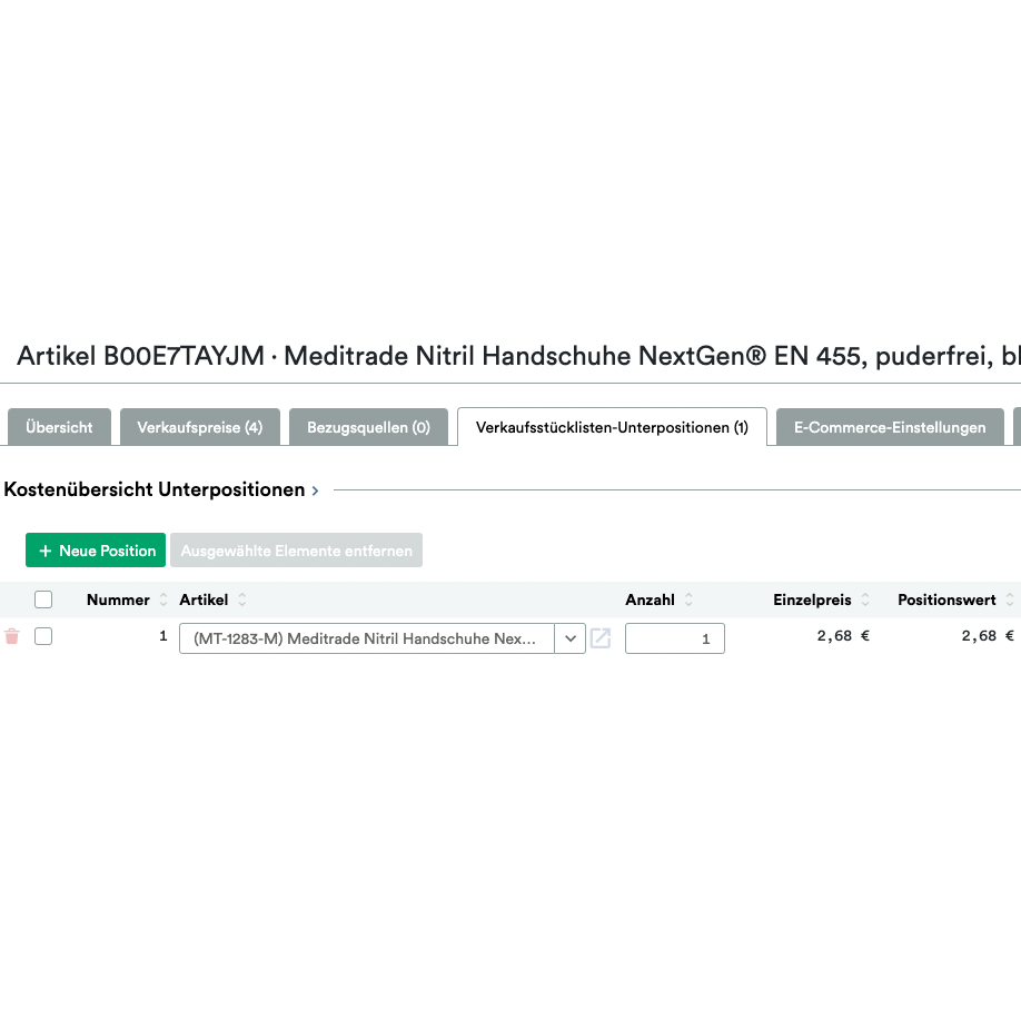 Gabháil scáileáin de leathanach gréasáin a thaispeánann ordú do "UnitTable Sync: Weclapp Verpackungseinheiten und Stücklistengenerator" le Amazon-ASINS, cainníocht agus praghas i radharc greille.
