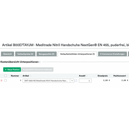 Gabháil scáileáin de leathanach gréasáin a thaispeánann ordú do "UnitTable Sync: Weclapp Verpackungseinheiten und Stücklistengenerator" le Amazon-ASINS, cainníocht agus praghas i radharc greille.