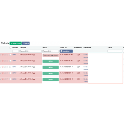 Screenshot of OrderGuardian: Weclapp Order Verification System showing multiple ticket entries with details such as ticket number, category, status, customer, and date, highlighted by a red rectangle in a section of the Altruan cloud service.